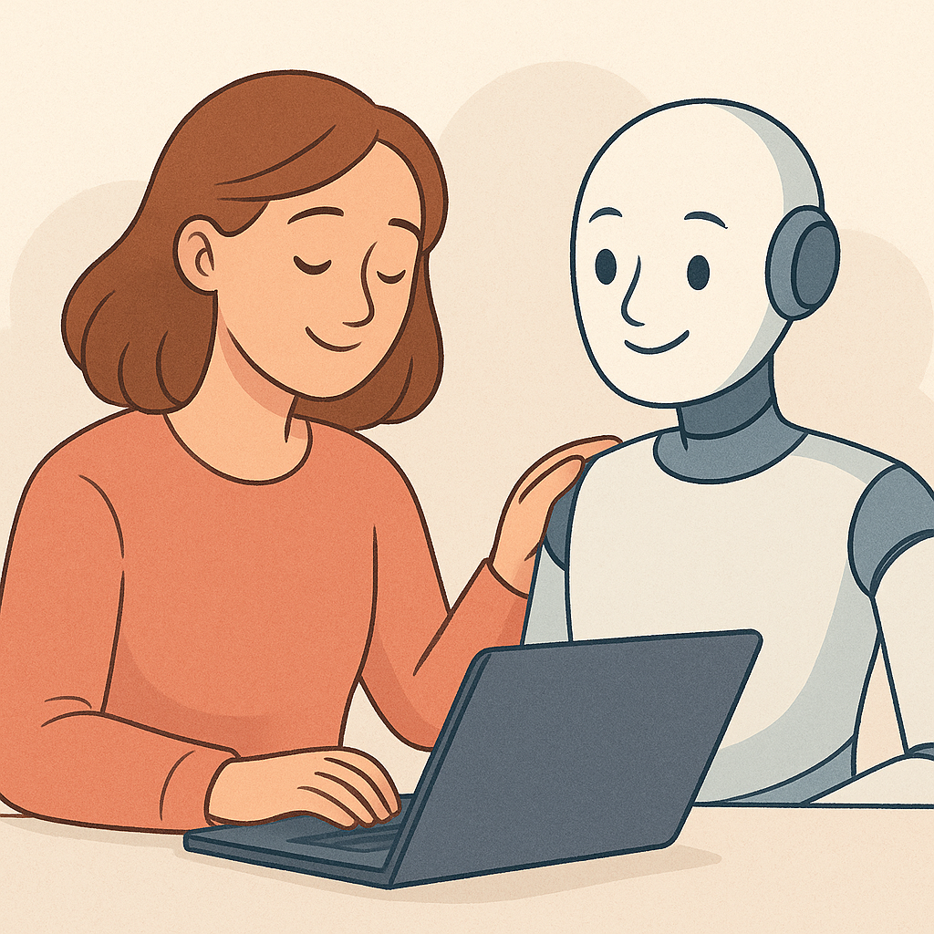 Illustration of a woman collaborating with a humanoid AI robot at a laptop, symbolizing human-AI partnership, workplace technology, and compassionate use of artificial intelligence.