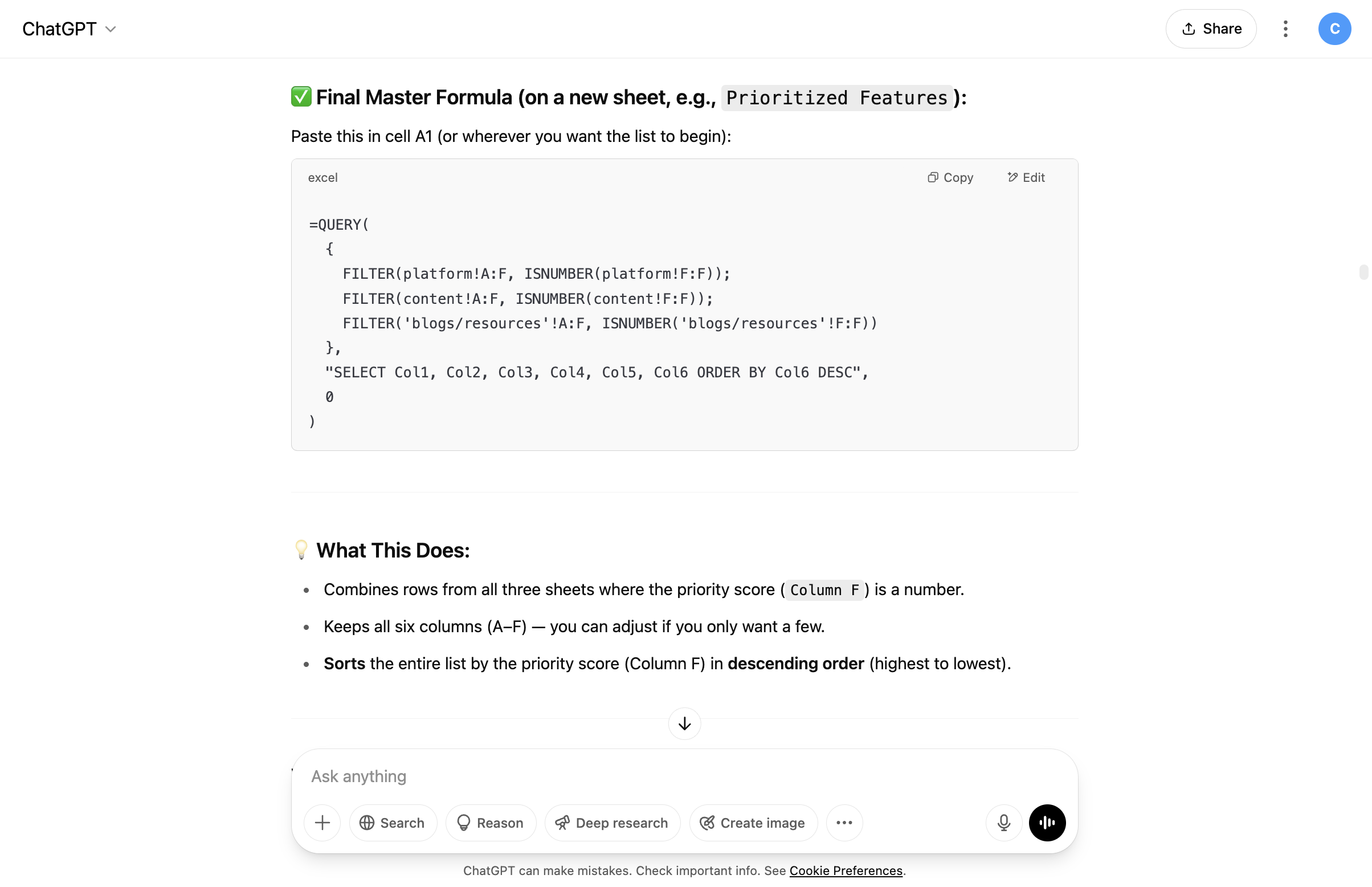 ChatGPT output with Google Sheets formulas