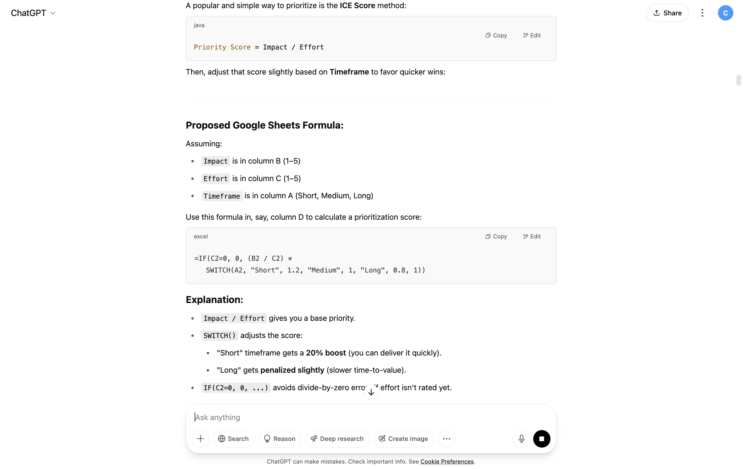 ChatGPT output with Google Sheets formulas explaining its decisions
