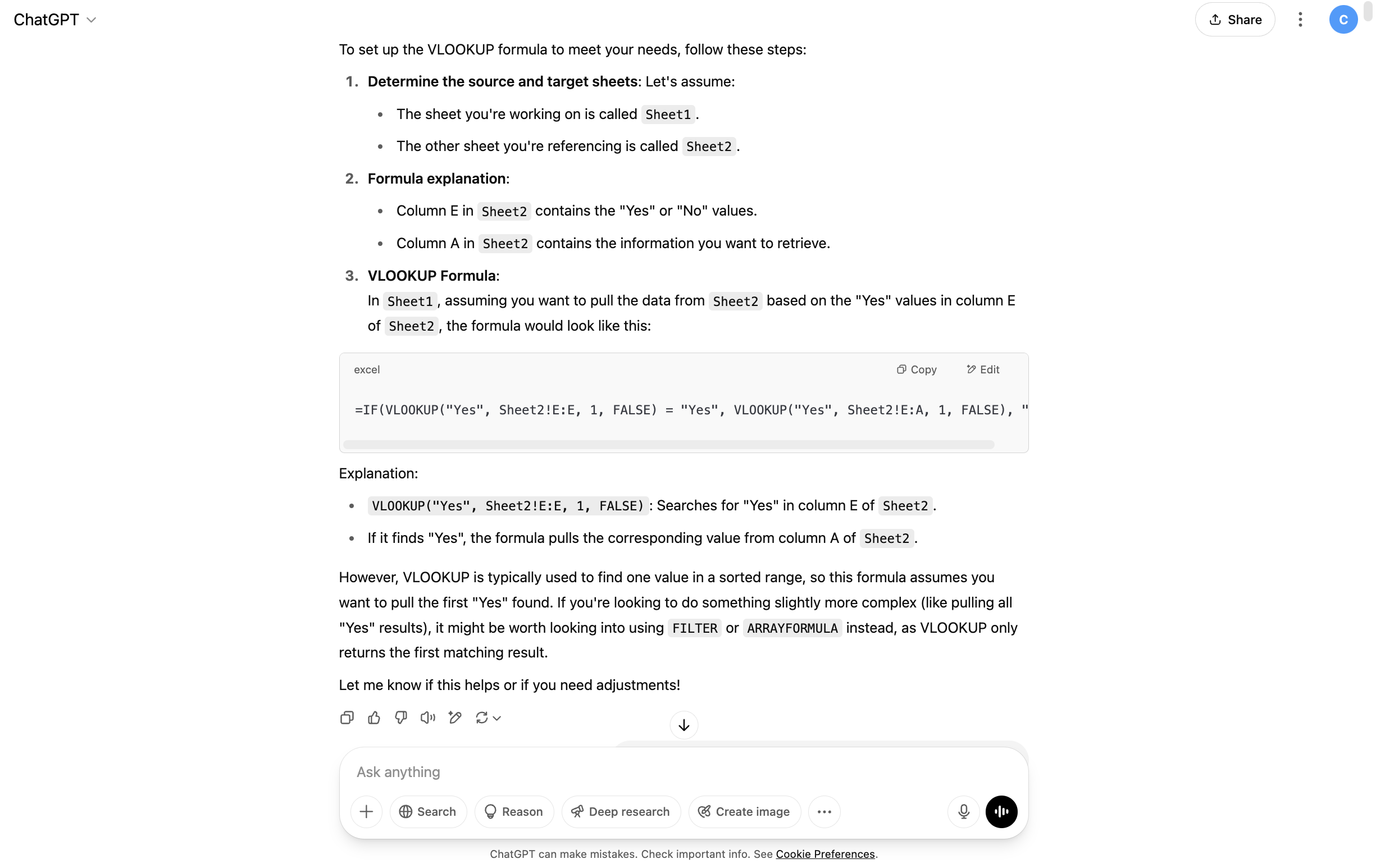 ChatGPT output showing VLOOKUP