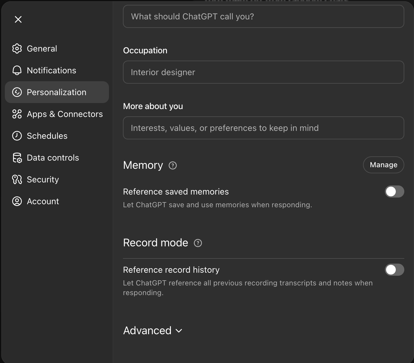 ChatGPT settings