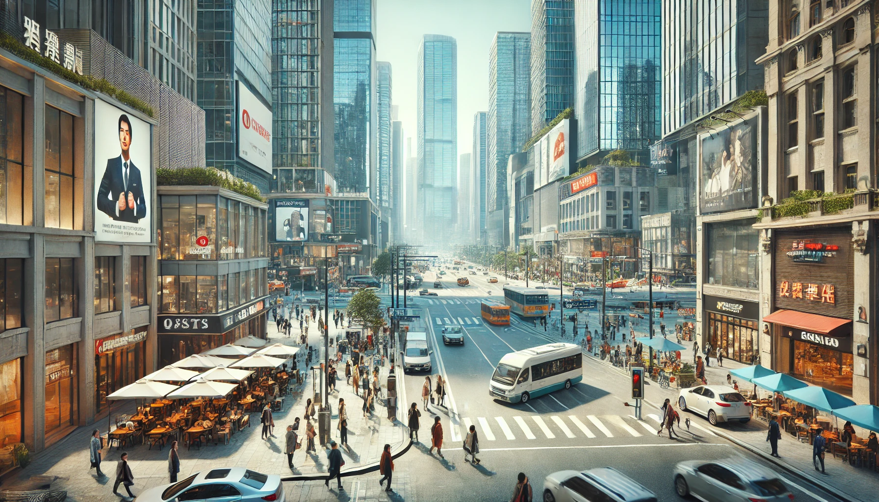 A busy city centre with modern skyscrapers, digital billboards, and pedestrians walking along vibrant streets, created by ChatGPT.