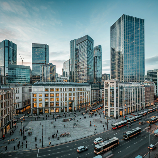 A cityscape featuring towering glass buildings, a bustling central plaza, and dynamic urban life, created by Gemini.