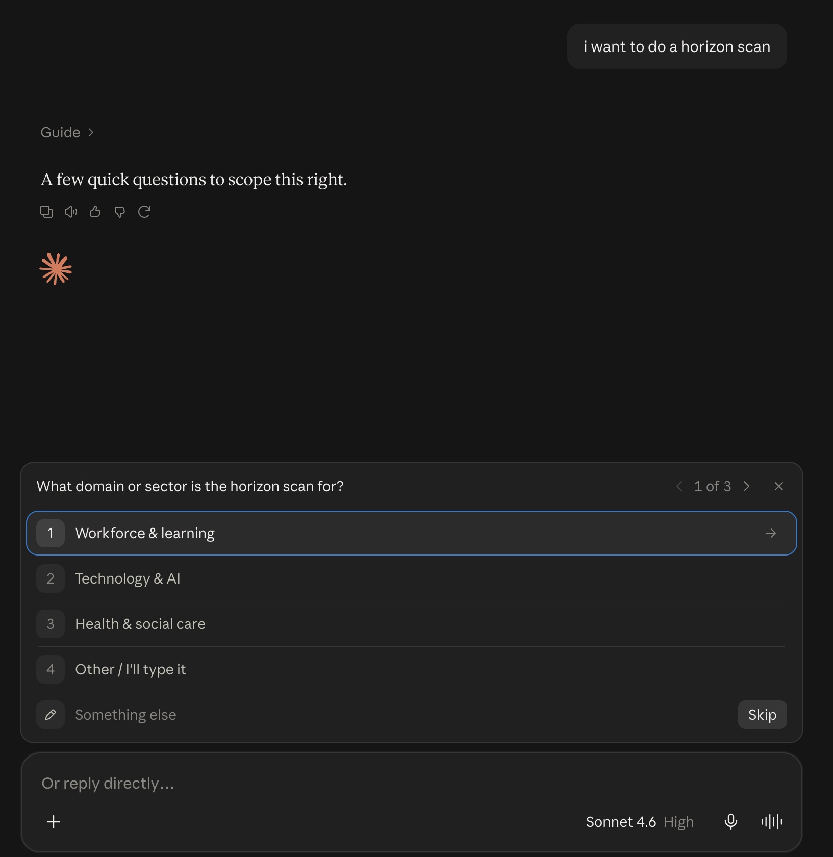 Claude's horizon scanning tool showing three dropdown questions about domain, time horizon and output format before generating a document.