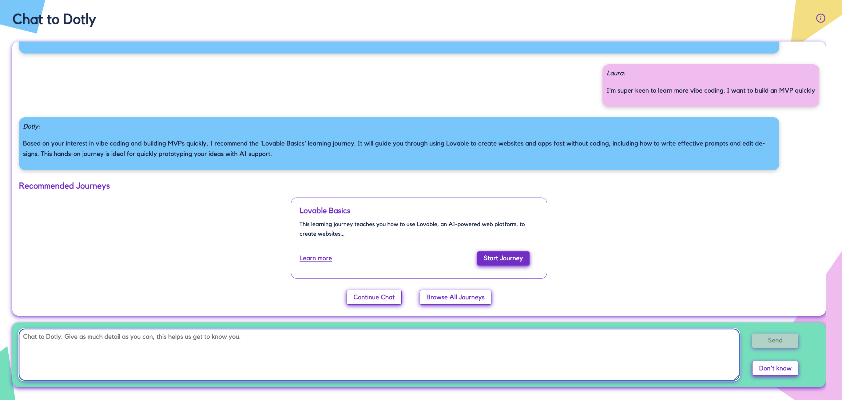 Screen of Dotly recommending a Lovable course after user mentions Vibe Coding
