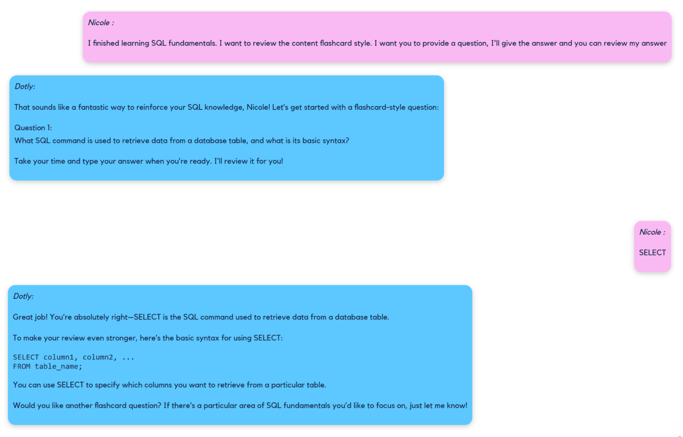 Conversation between the user and Dotly, showing an example of Active Recall. The user is asking Dotly to review the content they learnt in SQL Fundamentals using 'flashcard style'.