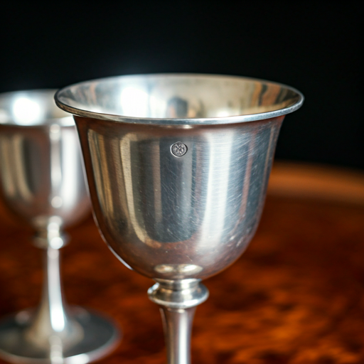 A silver goblet standing tall on a polished wooden surface, reflecting its surroundings, created by Gemini.