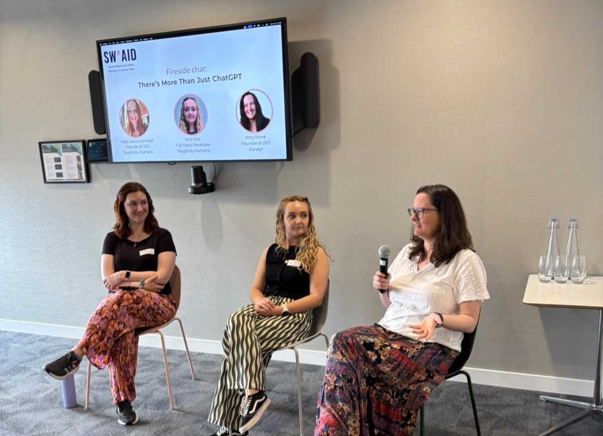 Image shows a SW*AID AI fireside chat on the theme: There's more than ChatGPT. Hosted by Laura, featuring Amy Cox and Amy Stone