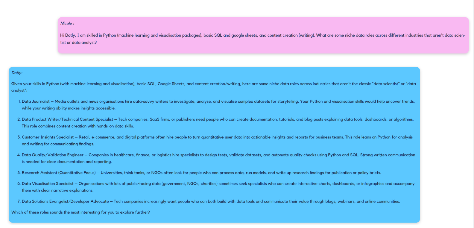 The image shows a conversation with Dotly using the platform's Career Coach tool. The user gives Dotly a list of skills and asks for data career recommendations based on those skills.