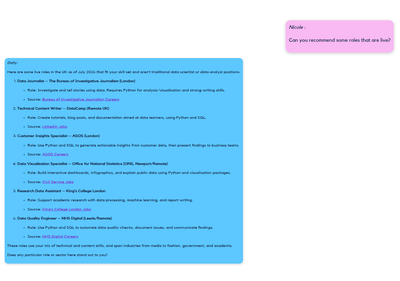 Screenshot of a conversation with Dotly using the platform's Career Coach tool. The user asks for live listings of the data jobs that Dotly had recommended.