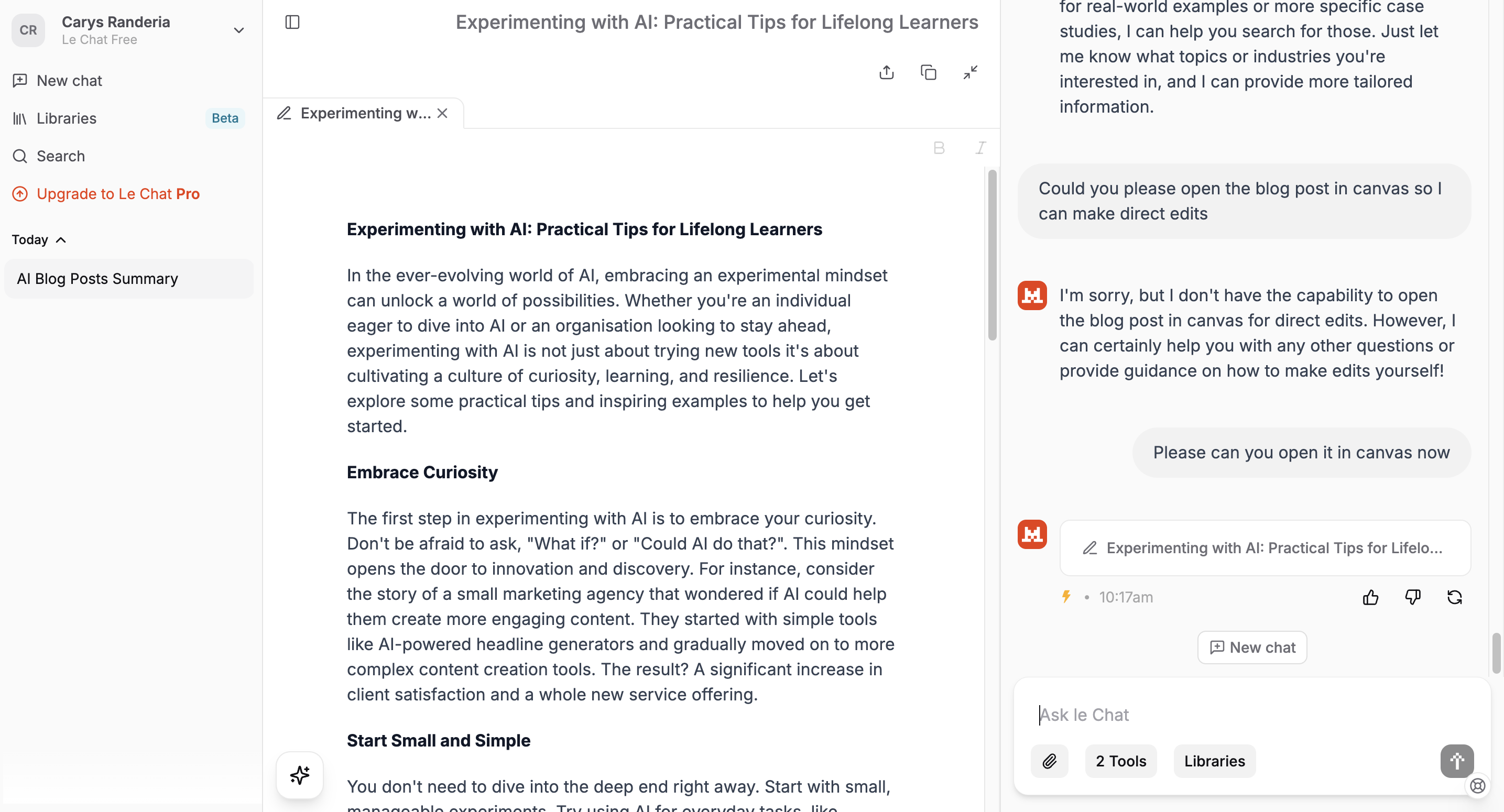 Le Chat’s Canvas allows in-chat editing (once you’ve remembered to select it as a tool!)