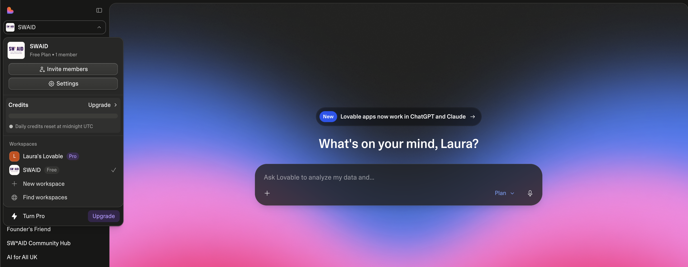 Screenshot of Lovable credit limit screen