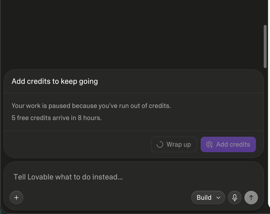 Screenshot of Lovable credit limit screen
