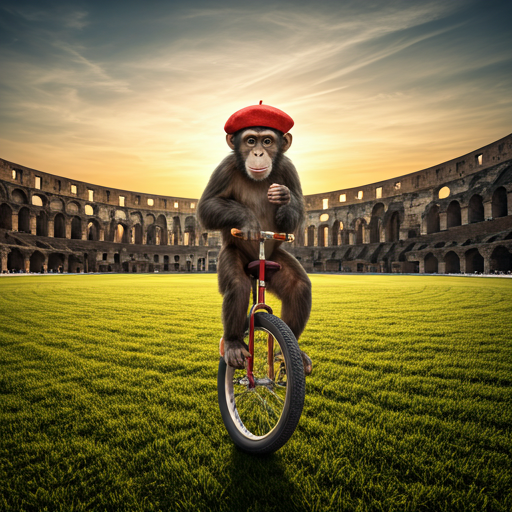 A realistic monkey wearing a red beret, balancing on a unicycle in an ancient coliseum.