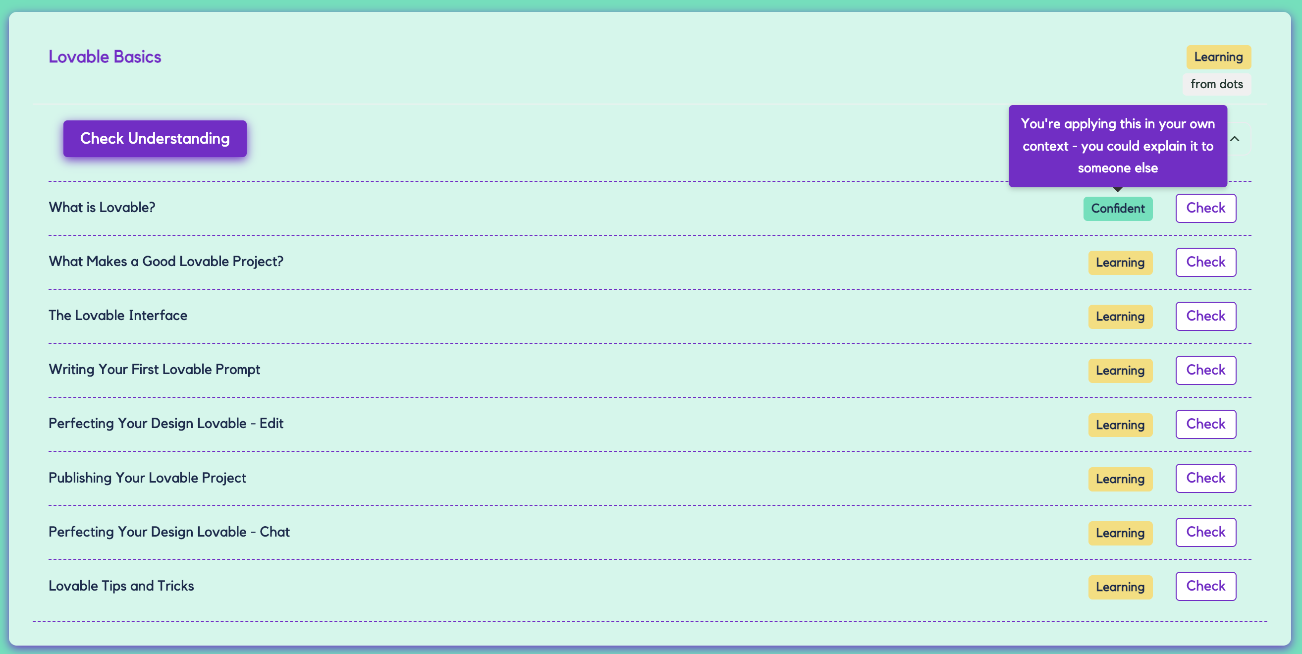 The tbh platform showing a learner's confidence level for each topic in the Lovable Basics learning journey, with Learning or Confident badges next to each topic and a Check button to assess understanding.