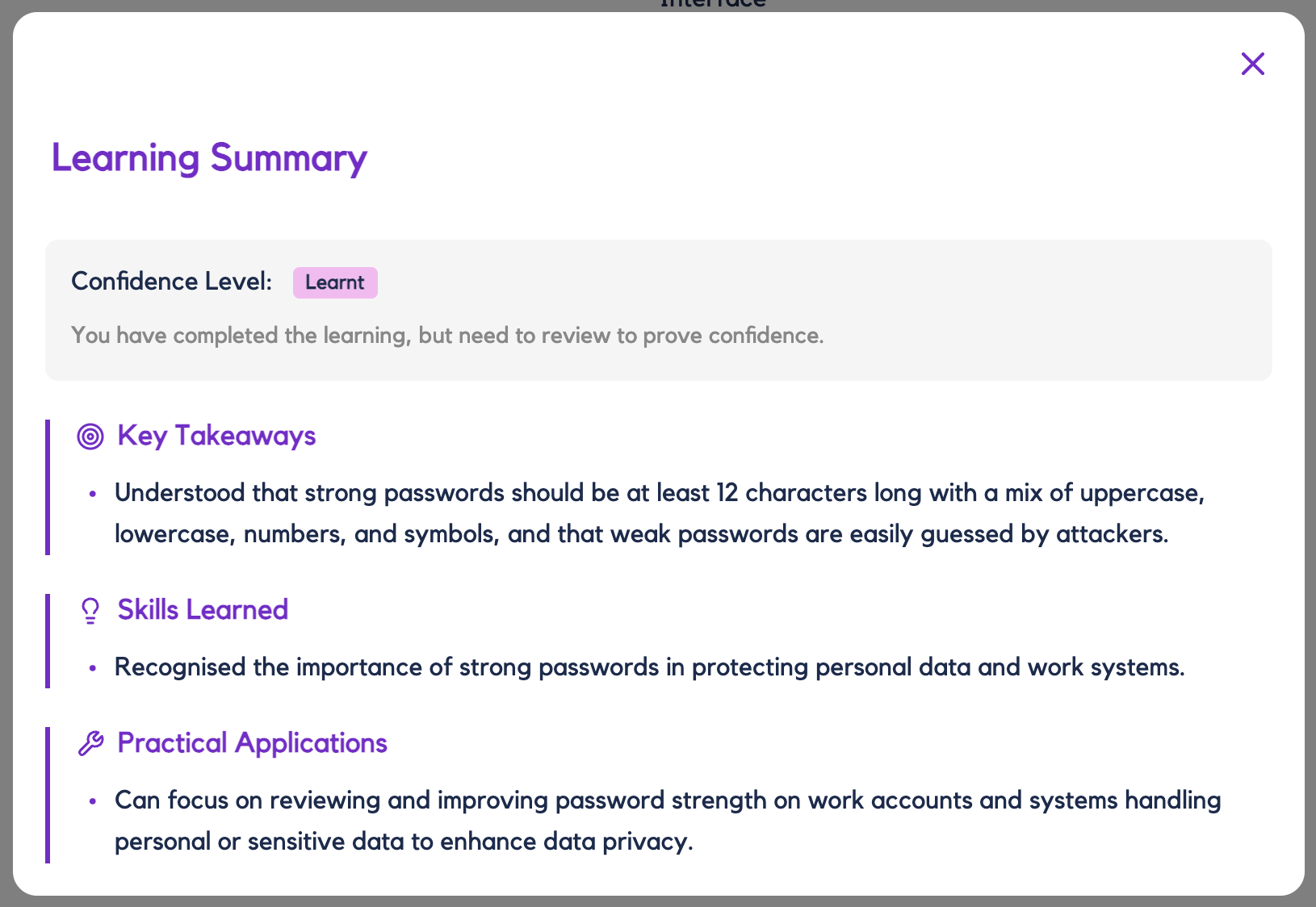 A Dotly Learning Summary showing a confidence level of Learnt, with key takeaways, skills learned, and practical applications from a session on password security.