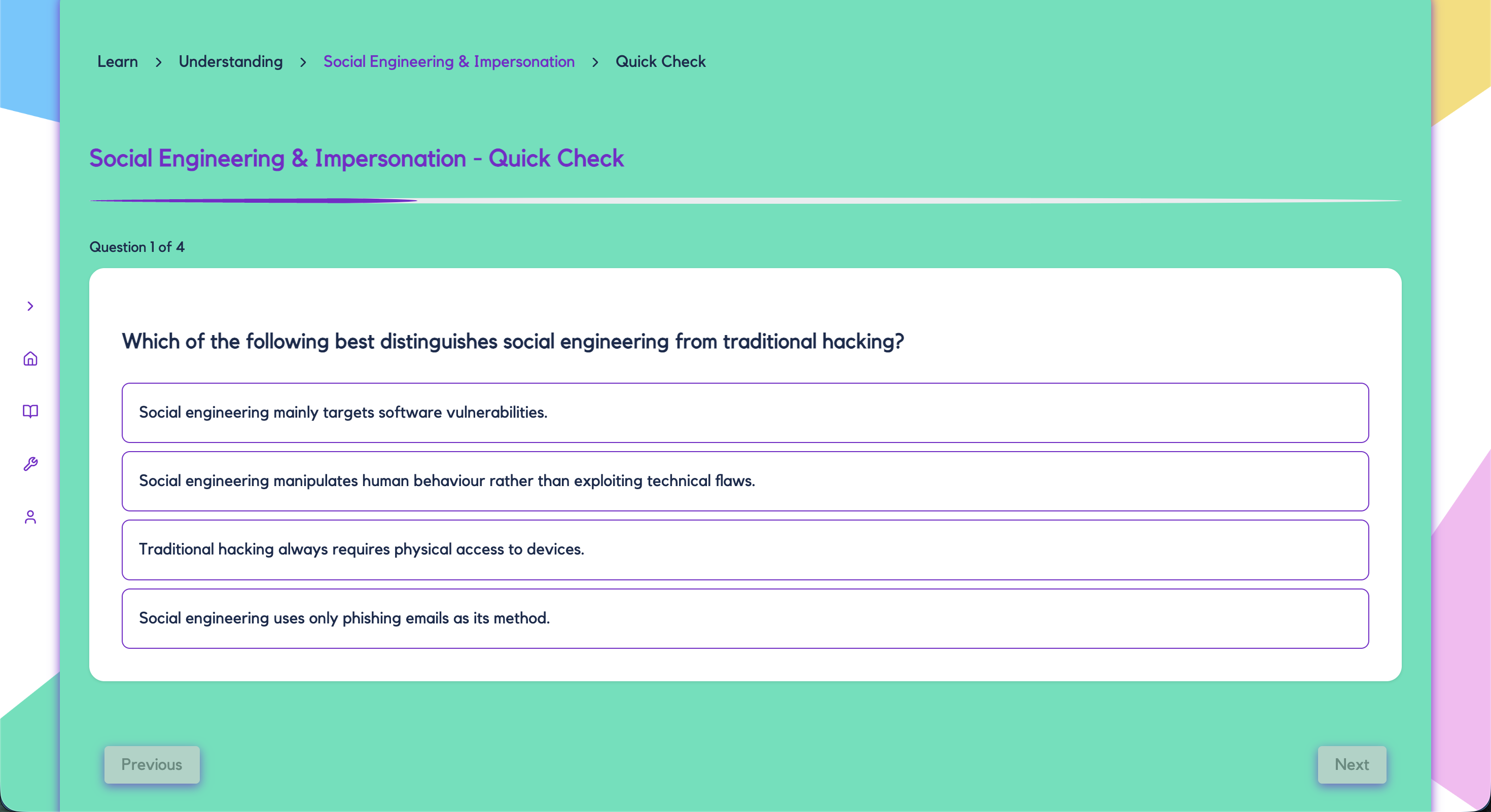 A Quick Check assessment on Social Engineering and Impersonation, showing a multiple choice question with four answer options.