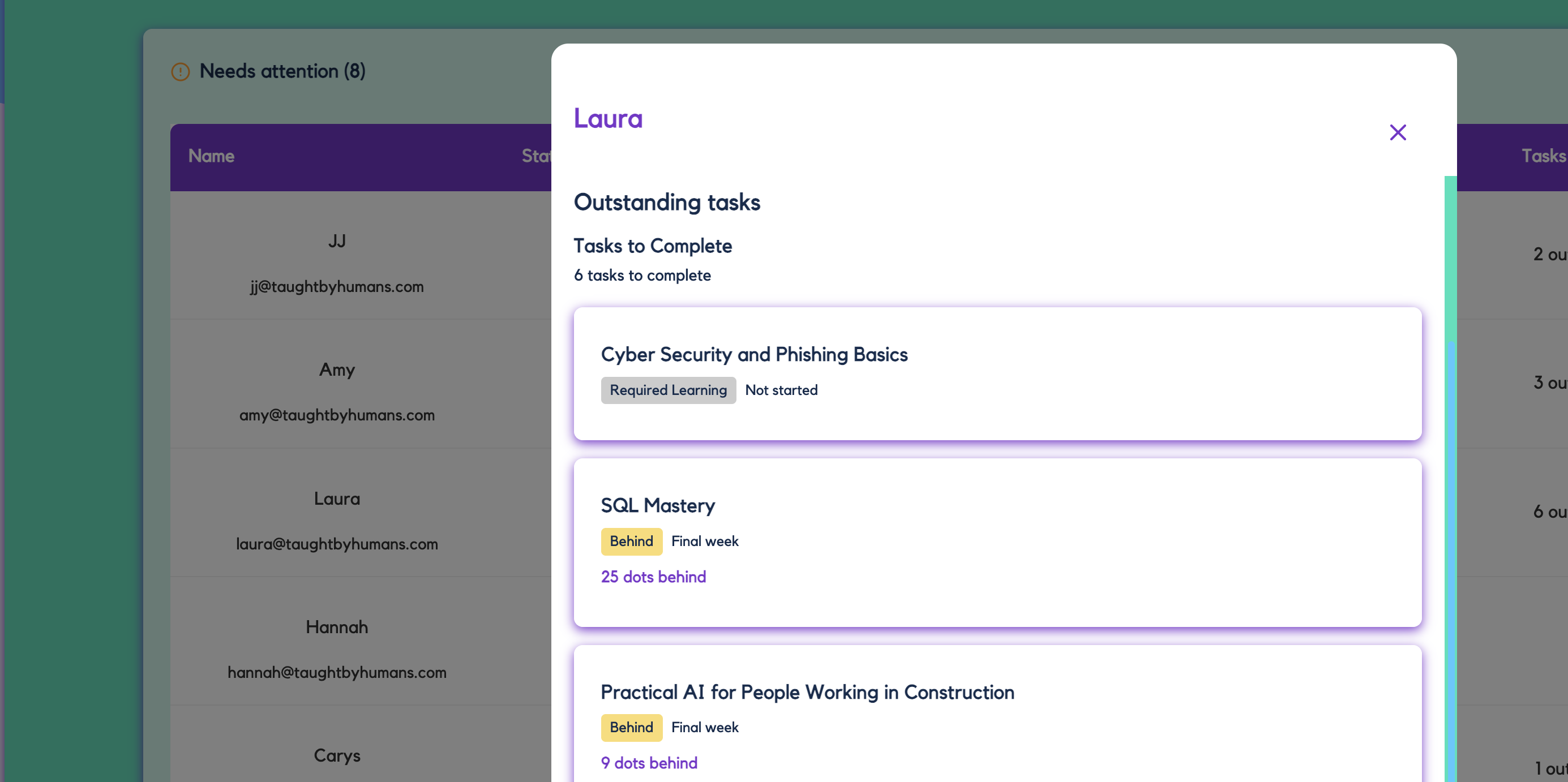 The tbh platform showing an individual learner's outstanding tasks, including required learning and programmes they are behind on.