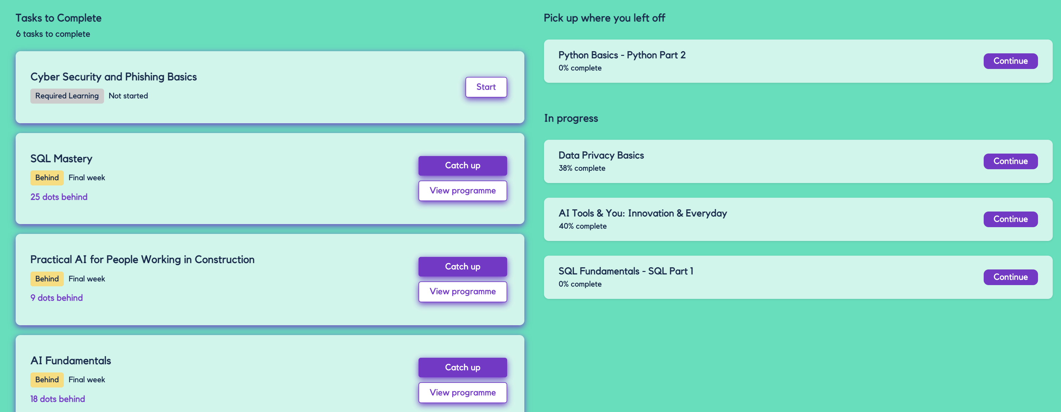 The tbh platform showing a learner's task list, with required learning on the left and suggested next steps on the right.