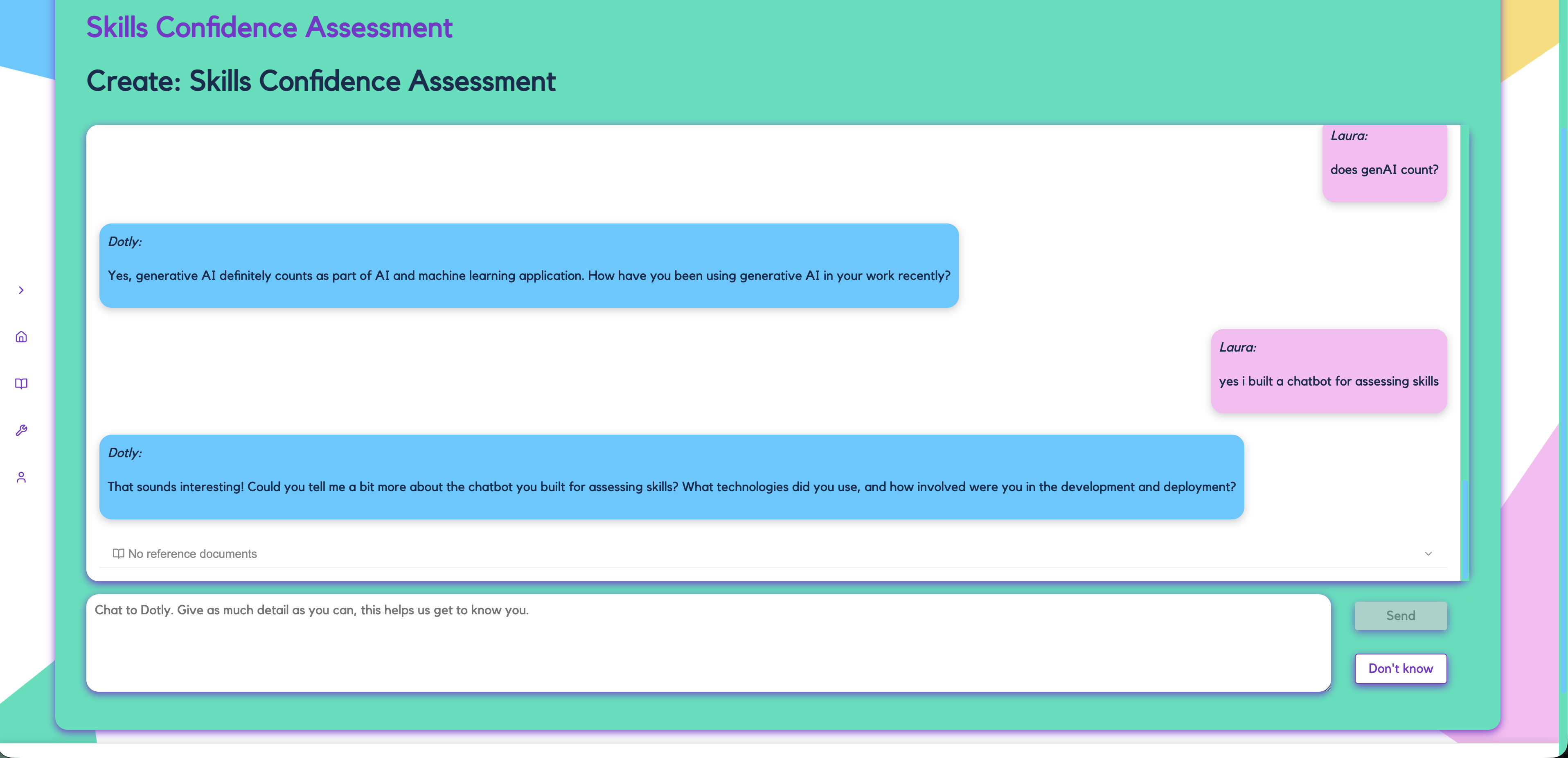 A conversation between Laura and Dotly in the Skills Confidence Assessment, with Laura asking if generative AI counts and Dotly asking how she has been using it in her work