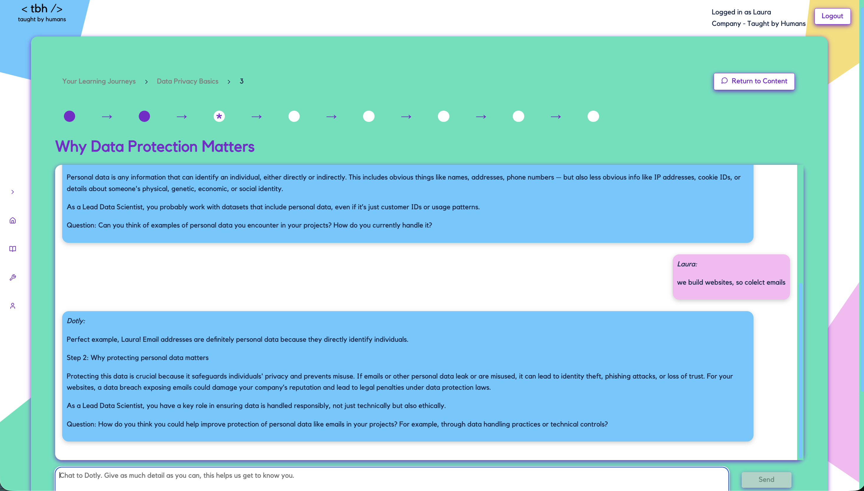 Dotly teaching data privacy basics through conversation, asking the learner about examples of personal data in their work