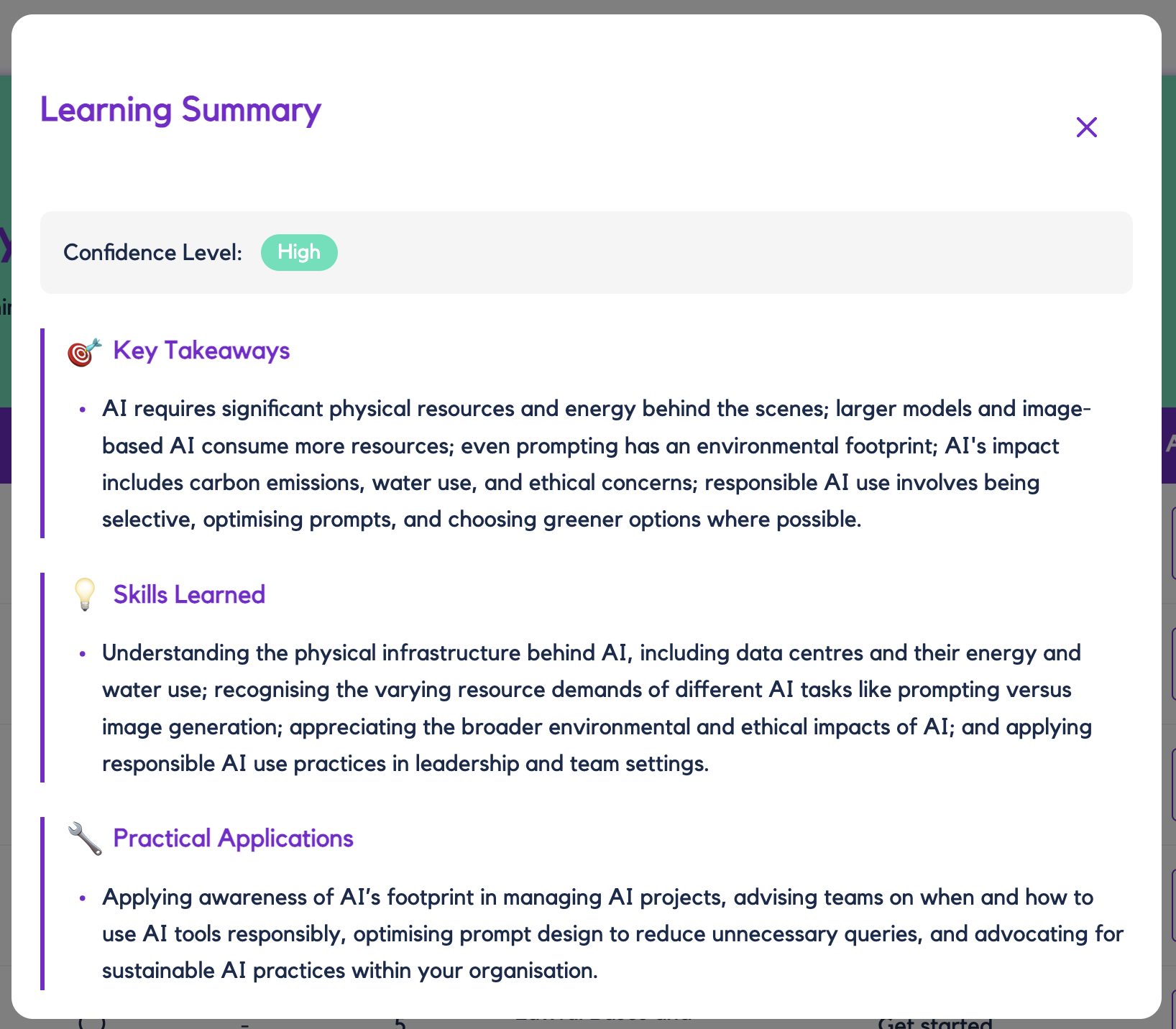 Learning summary showing a high confidence level with key takeaways, skills learned, and practical applications