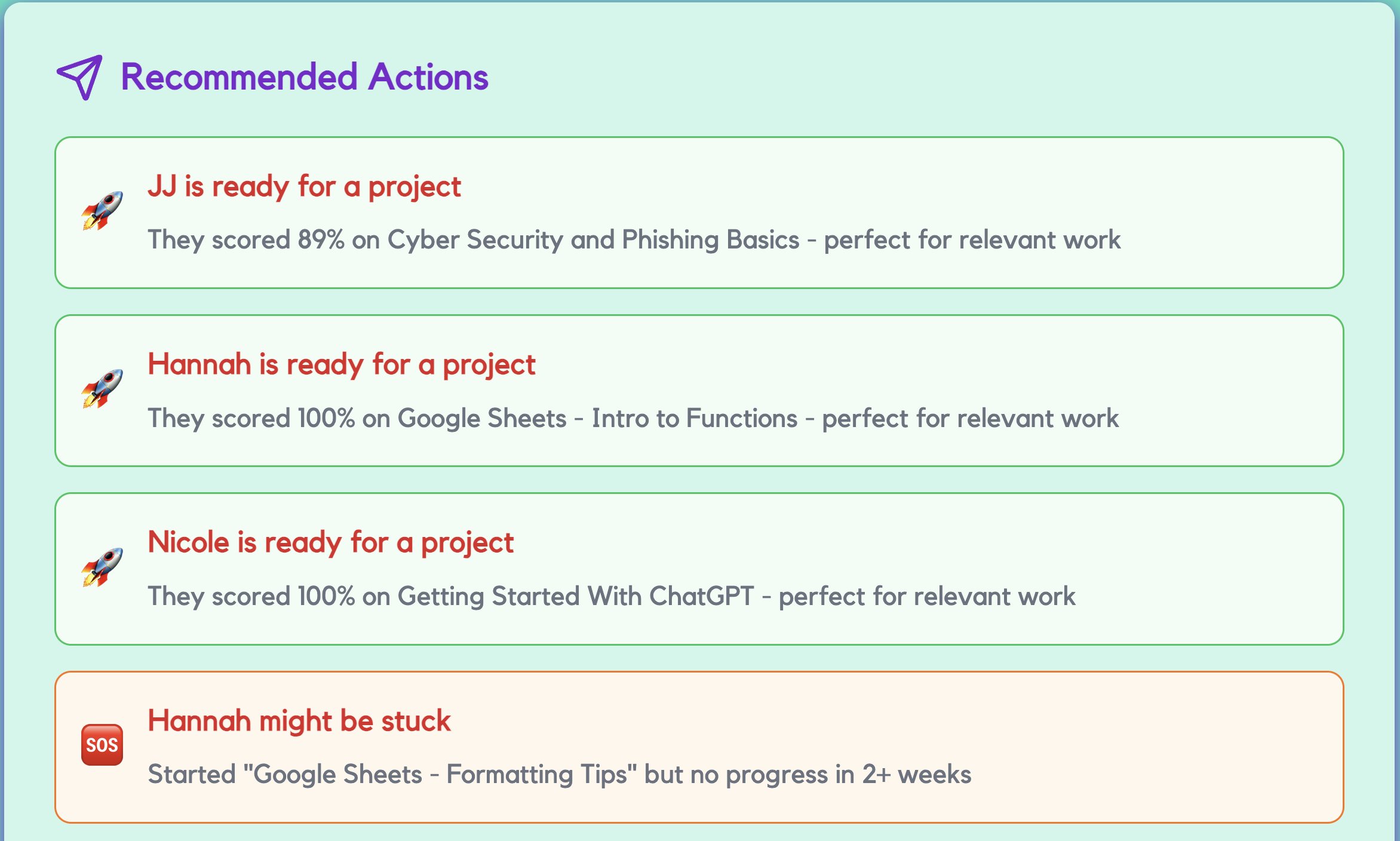 Recommended actions dashboard showing which team members are ready for a project and who might be stuck
