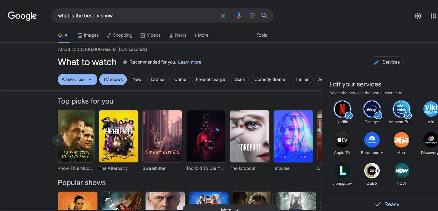 Google search results for best TV show